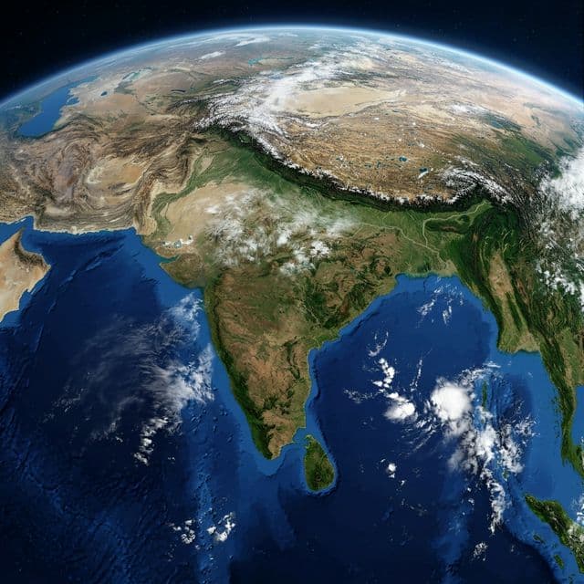 Satellite view of Earth terrain showing rivers, forests, and mountains